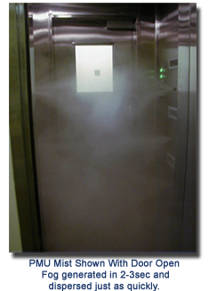 Personnel misting unit showing misting fog.